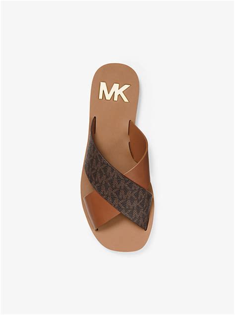 michael michael kors glenda leather and logo slide sandal|Glenda Studded Burnished Leather Slide Sandal .